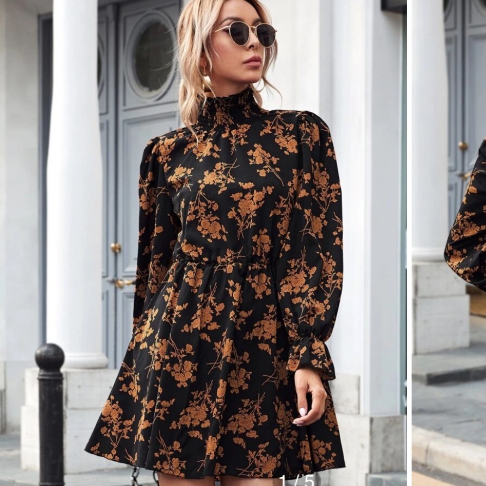 SHEIN Shirred High Neck Flounce Sleeve Floral Dress